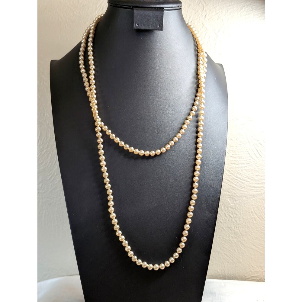 Vintage Faux Champagne Hand-Knotted 6mm Glass Pearl 32" Long Strand Necklace